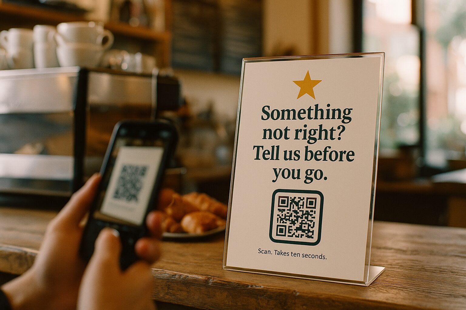 A customer scanning the amber-starred “Tell us how it's going” QR poster on a cafe counter.