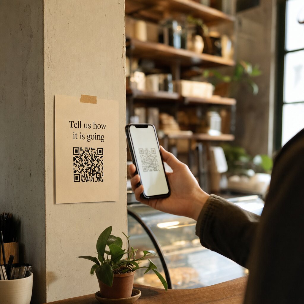 A customer scanning a “Tell us how it's going” QR poster on the wall of a cafe.