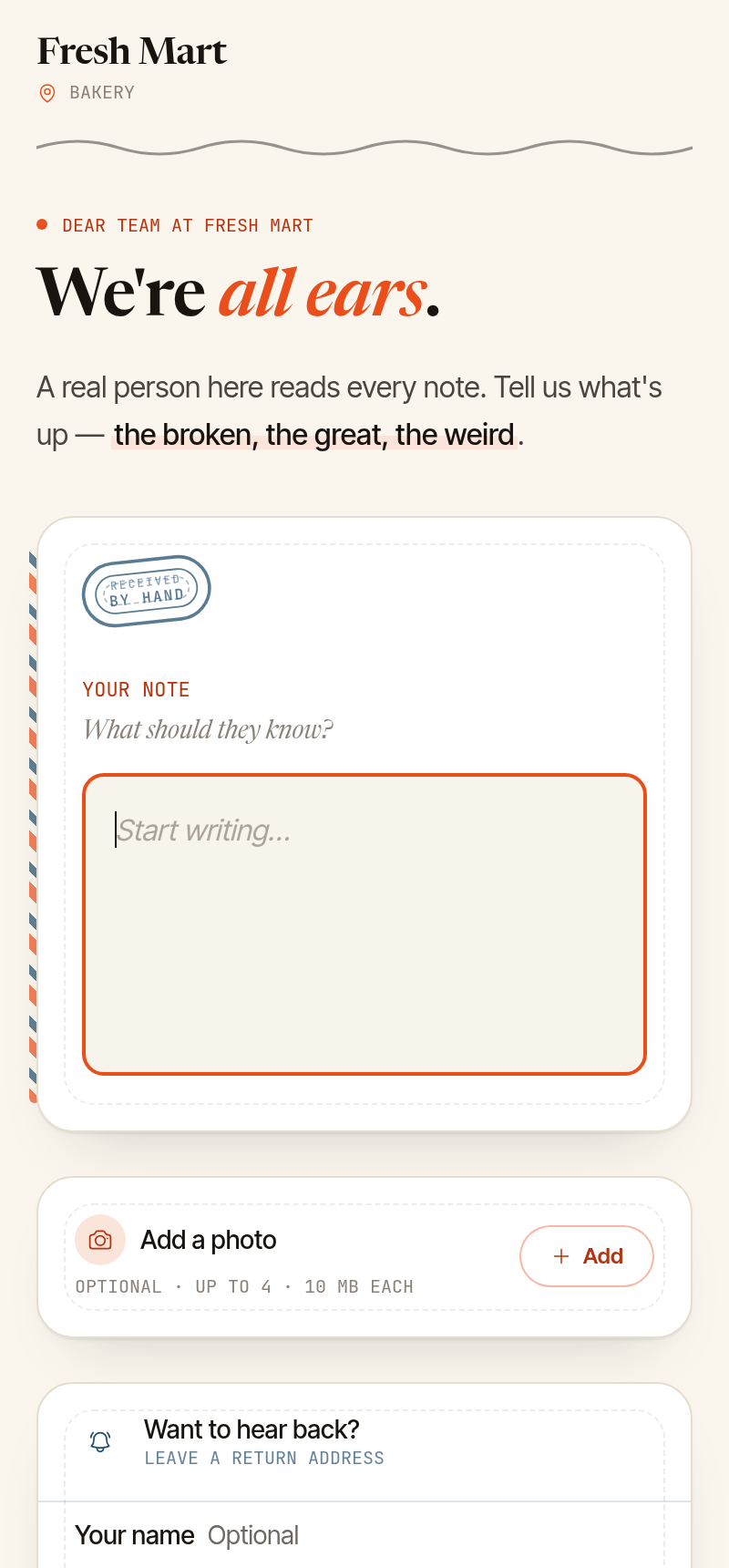 What the customer sees: the reporter note form on a phone.